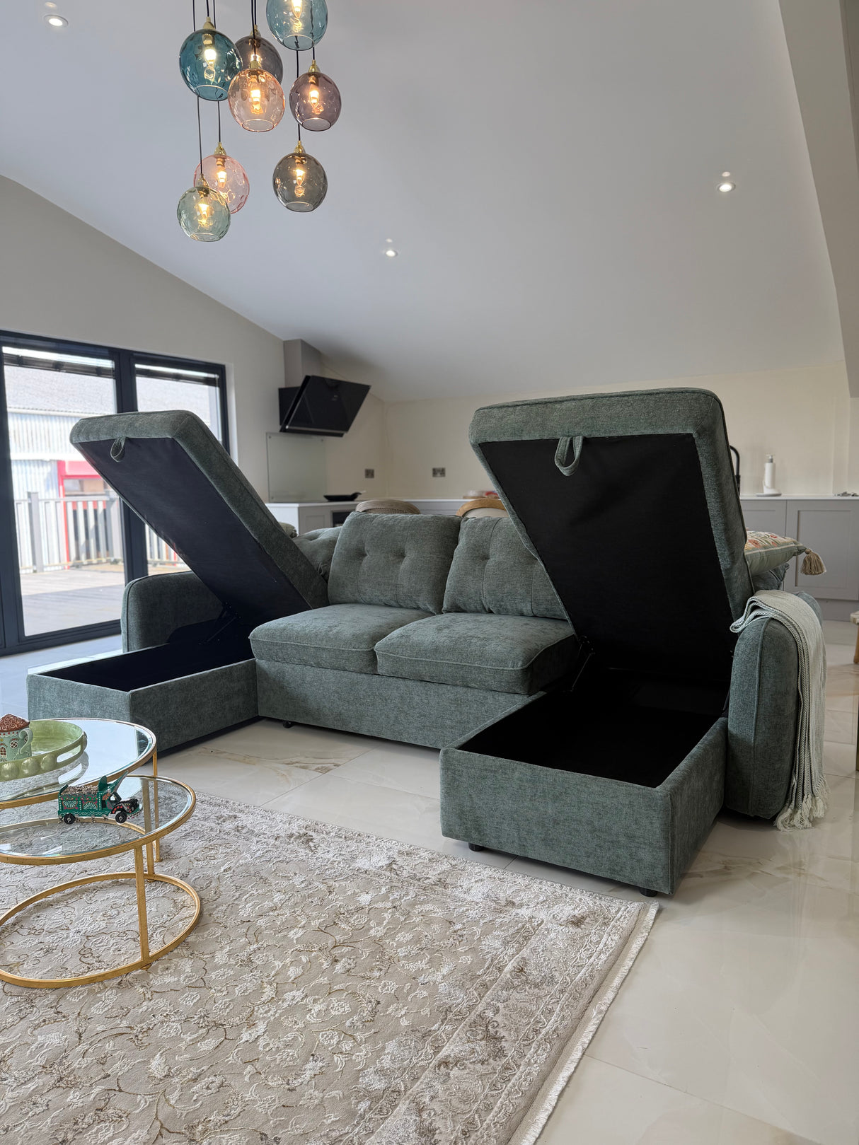 Samara U-Shape Sofa Bed with Storage (Available in Chenille Grey, Blue, Beige or Green)
