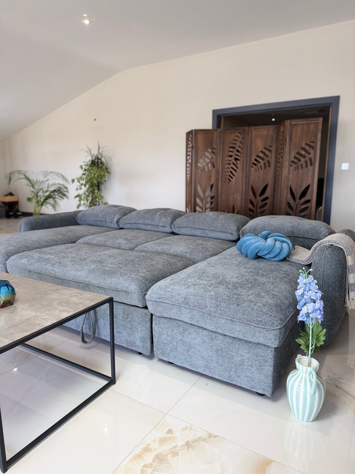 Samara U-Shape Sofa Bed with Storage (Available in Chenille Grey, Blue, Beige or Green)