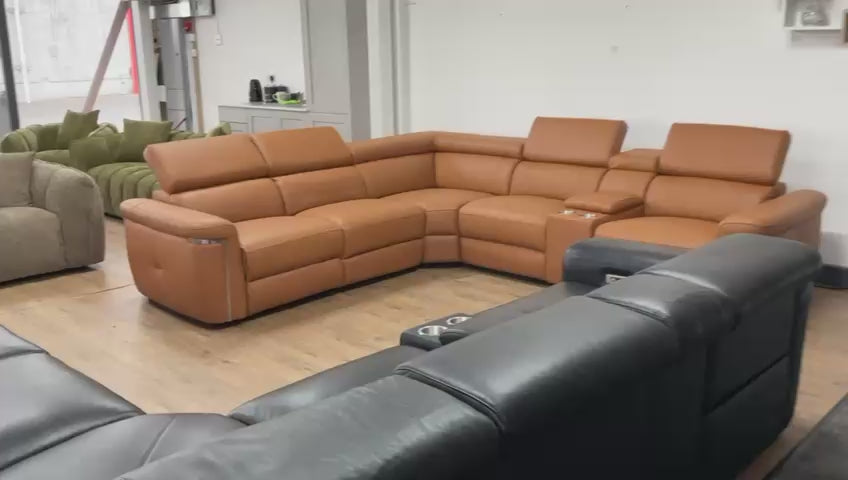 Autumnville Genuine Leather Electric Reclining Corner Sofa (Available in Tanned Brown or Black)