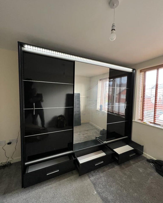 255cm Detroit LED Sliding Door Wardrobe (available in gloss white, gloss black and matte grey)