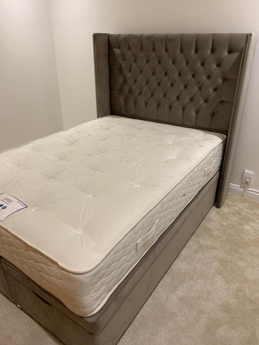 Tall Winged Chesterfield Floor Standing Headboard with ottoman divan base (different fabric choices)