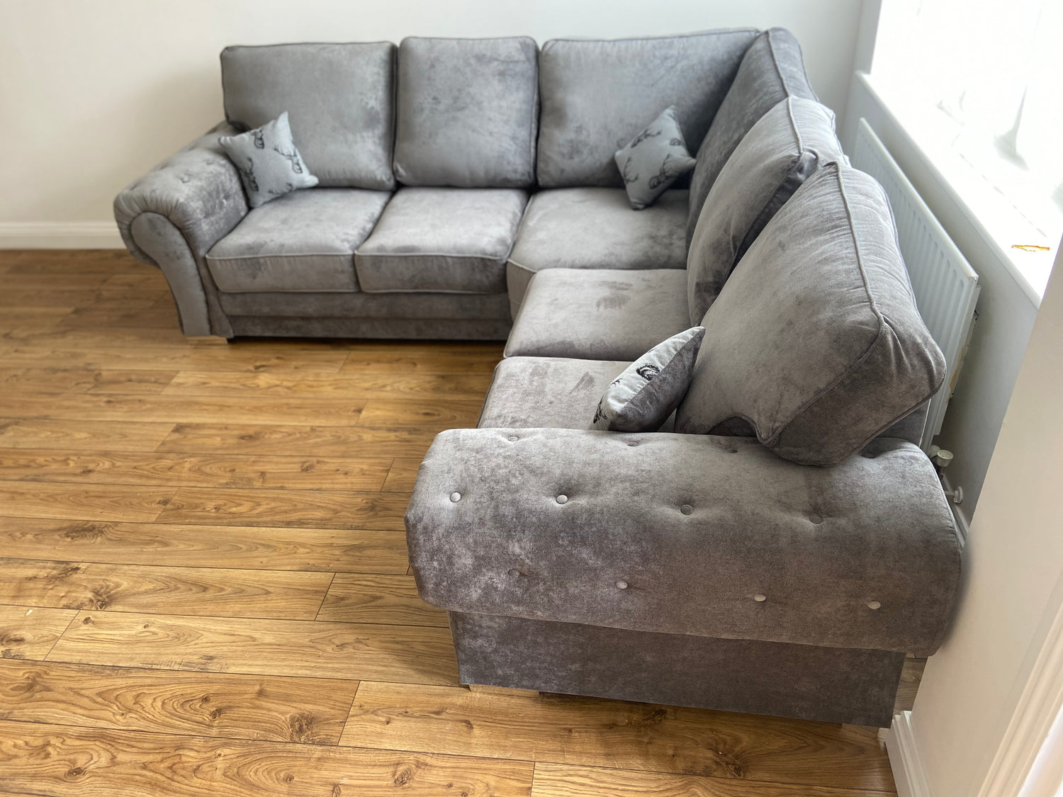 Charlotte Large Corner Full Back Sofa (Available in Chenille Grey or Black)