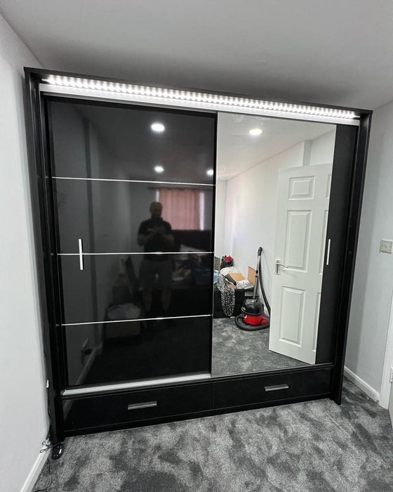 208cm Detroit LED Sliding Door Wardrobe (available in gloss white, gloss black and matte grey)