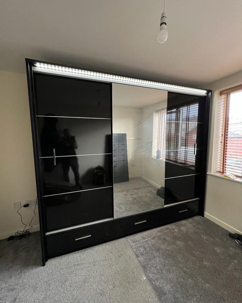 255cm Detroit LED Sliding Door Wardrobe (available in gloss white, gloss black and matte grey)