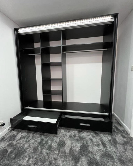 208cm Detroit LED Sliding Door Wardrobe (available in gloss white, gloss black and matte grey)